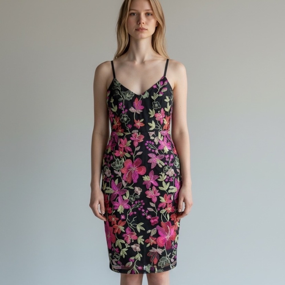Guess Womens Floral Embroidered Mesh Sheath Dress Black Pink Size 12 V-Neck Zip